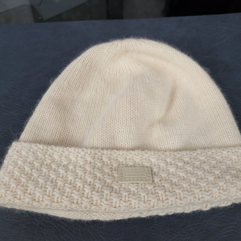 Coach Ivory Knit Beanie with Logo Patch
